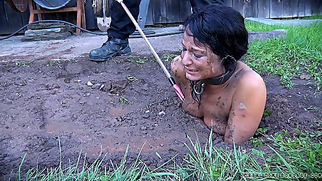 Dirty brunette chick London River tied up and humiliated by her master