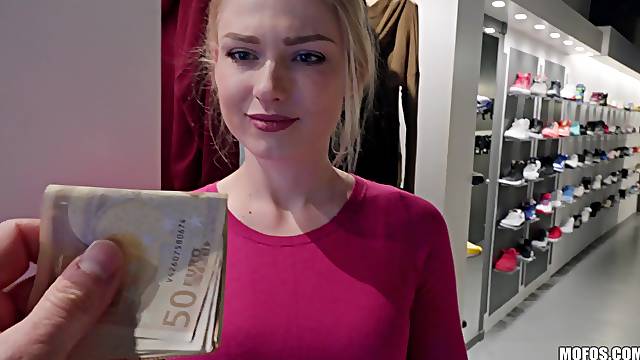 Sexy blonde girlfriend takes money and gets fucked in the public