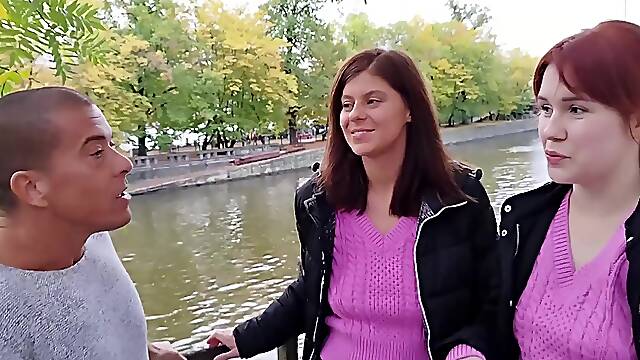 Wild foursome with hot teen babes Kaira Love and Tiffany Blue after hooked them up on streets