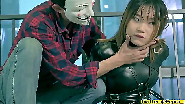 Latex-clad slave girl gagged and cummed in