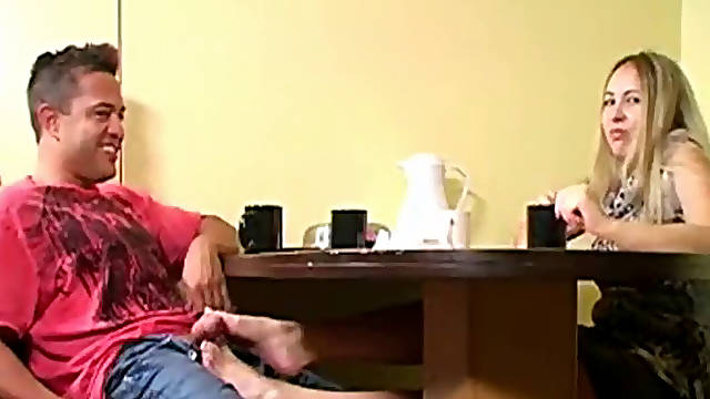 Footjob under table and Footjob
