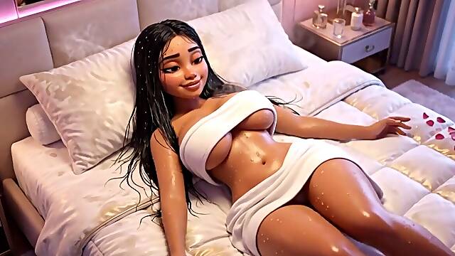 POV Curvy Indian Woman Fresh From bathroom relieving On King Size Mattress In three dimensional Animation (AI generated)
