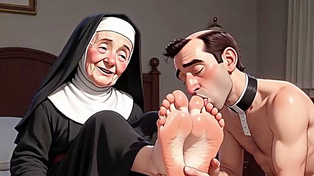 Nun Dominates Priest with Foot Worship