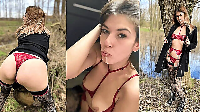 Coquette and Brad - She Plays the Slut Outdoors, Teases Herself in the Car and Gets Fucked